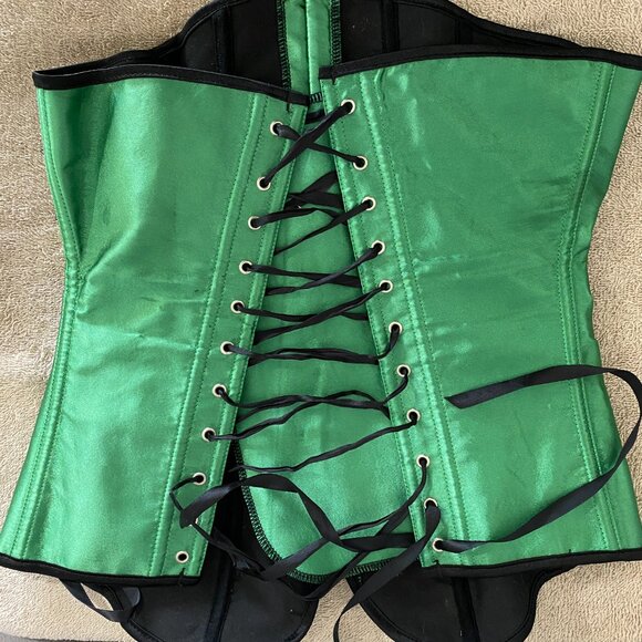Green Glitter Steel Boned Overbust Corset Top Lace Up Back Size S Gothic Festiva - Picture 5 of 8